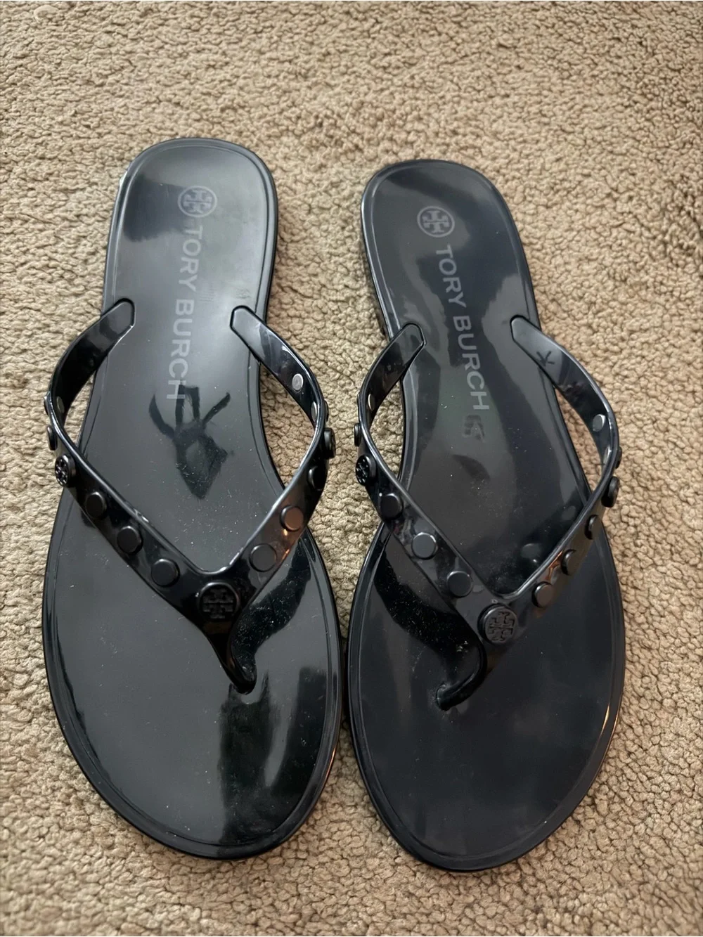 Tory Burch Glossy Black Jelly Logo Sandals